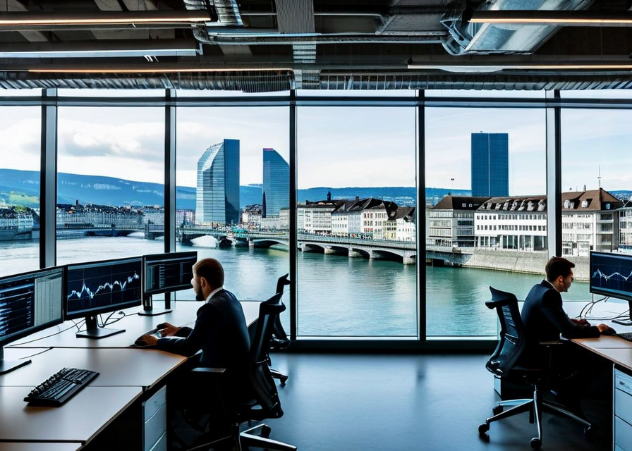 Modern office space in Zurich with views of the Limmat river, a small team working at desks with multiple trading screens