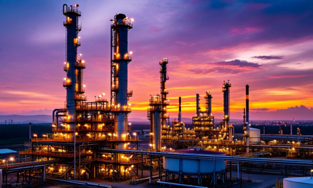 Oil refinery at sunset with crude oil and refined product price spread chart showing crack spread dynamics